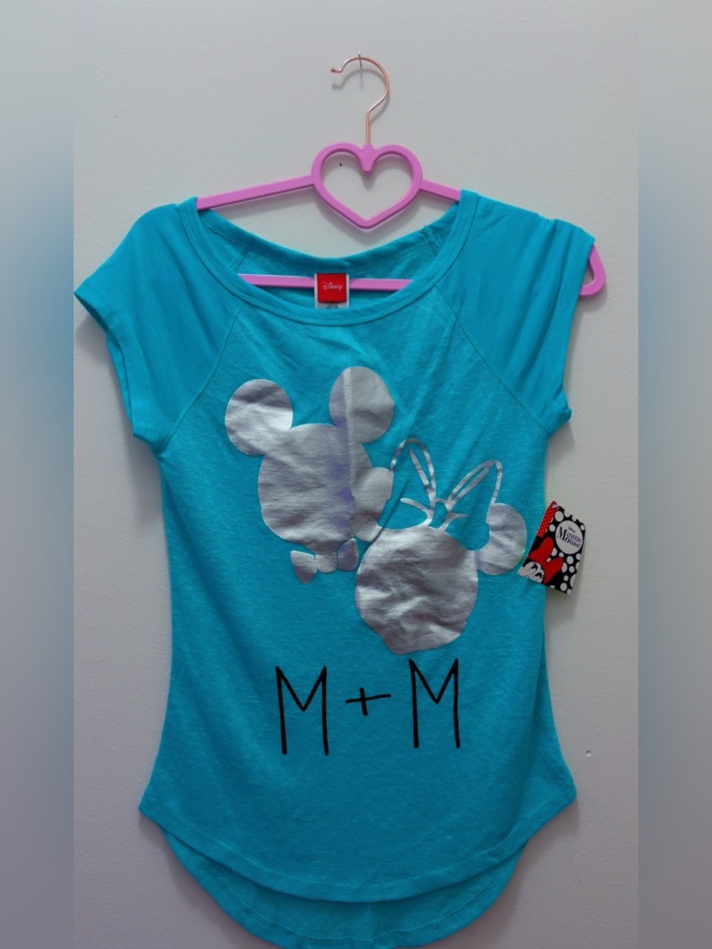 Disney Girls' Turquoise Tee with Silver Mickey & Minnie Graphic